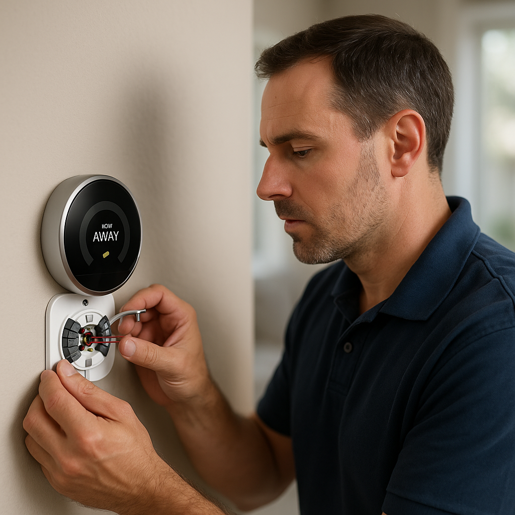 HVAC technician installing a smart thermostat on a residential wall, connecting wires to the device's terminals.