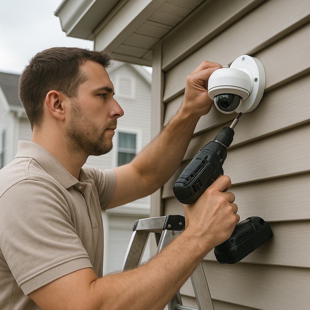 Contractor on ladder installing a dome security camera on suburban home exterior wall.