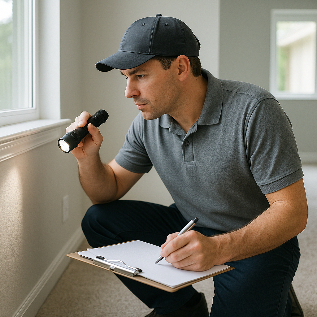 Pest control contractor crouched along baseboards inspecting for pest activity with flashlight and clipboard.