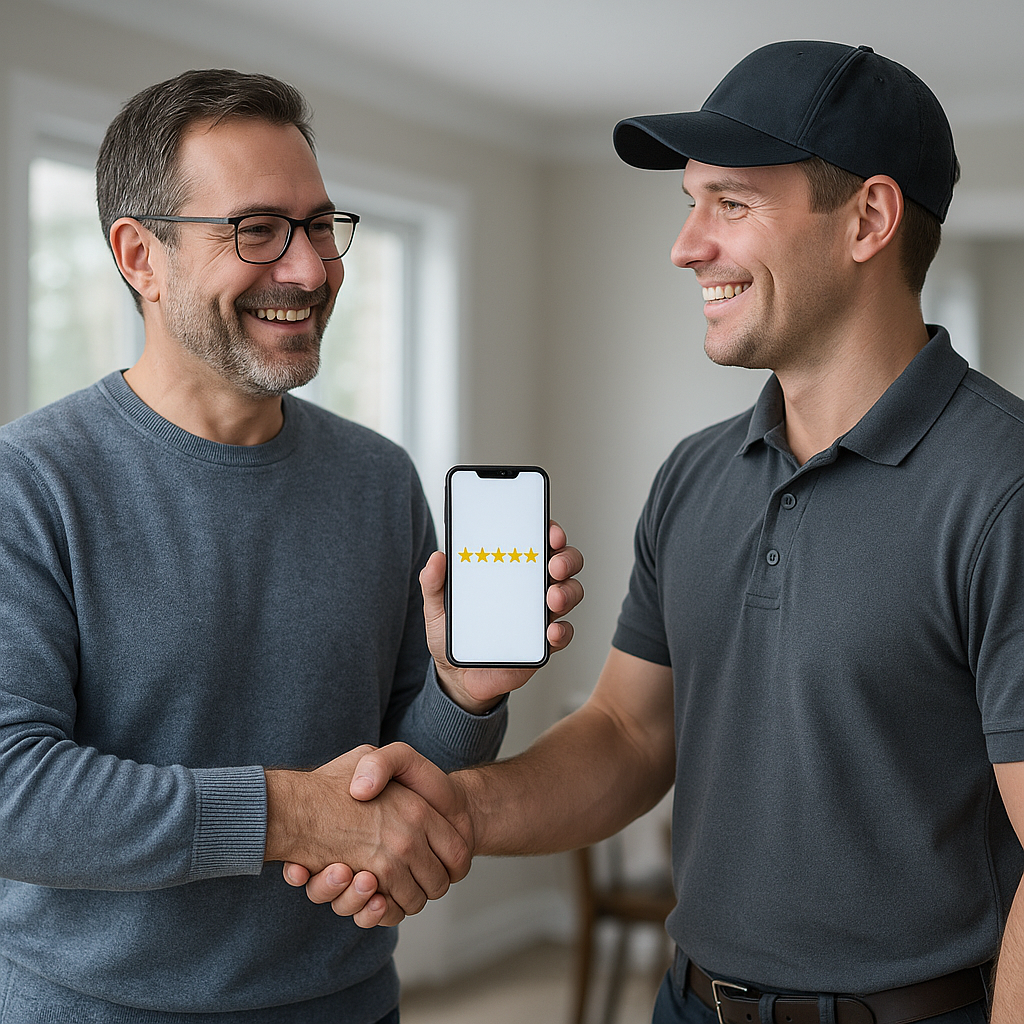 A homeowner and contractor shake hands while the homeowner displays a five-star review on their smartphone.
