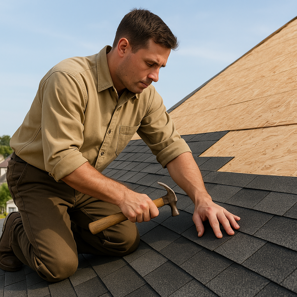 Roofer installing asphalt shingles on a residential roof in daylight.