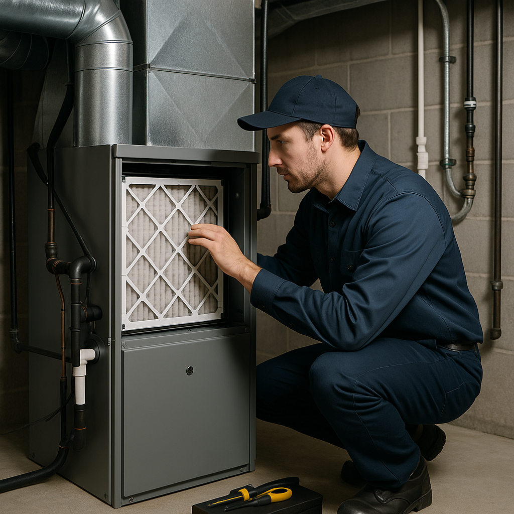 HVAC technician in work uniform inspecting an indoor air handler unit in a residential utility space.