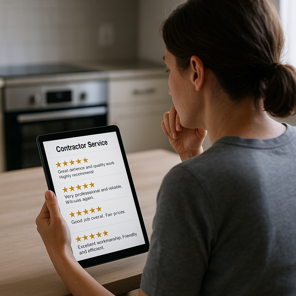 Homeowner viewed from behind reviewing contractor ratings and reviews on a mobile device at a kitchen table.