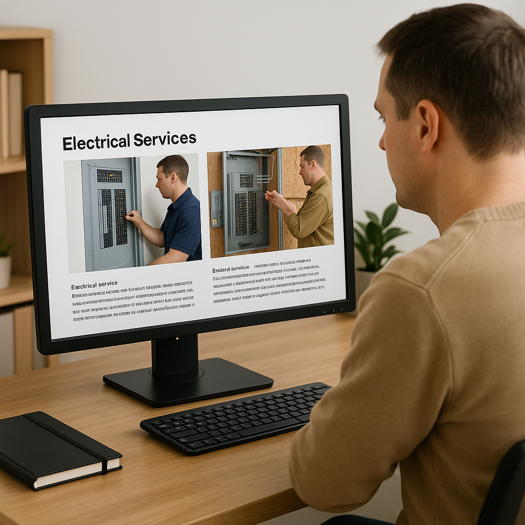 Homeowner viewed from behind at a desk, studying a contractor website on a desktop monitor displaying electrical service information and technician photos.